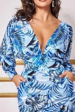 Midi Dresses^* Tropical Print Midi With Batwing Sleeves Blue