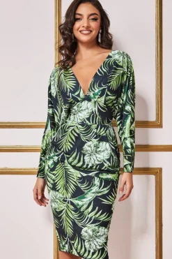 Midi Dresses^* Tropical Print Midi With Batwing Sleeves Green