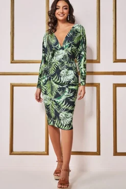 Midi Dresses^* Tropical Print Midi With Batwing Sleeves Green