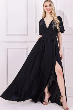 Maxi Dresses^* Wrap Front Maxi With Flutter Sleeves Black