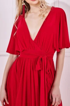 Maxi Dresses^* Wrap Front Maxi With Flutter Sleeves Red