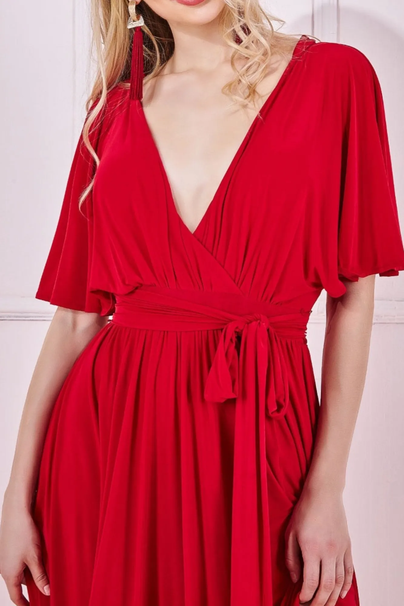 Maxi Dresses^* Wrap Front Maxi With Flutter Sleeves Red