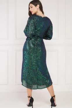 Midi Dresses^* Wrap Style Sequin Midi Dress Emerald