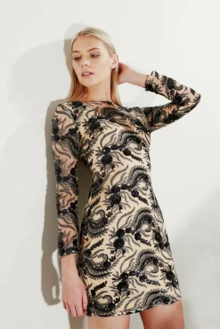 Mini Dresses^Aftershock London Sequin Long Sleeve Bodycon Dress Nude