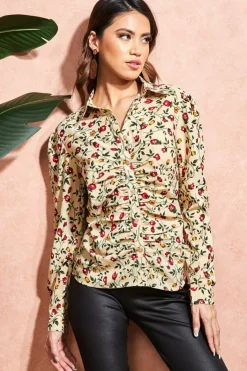 Blouses^City Goddess Floral Print Shirt Beige