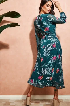 Midi Dresses^City Goddess Floral Print Wrap Midi Dress Green