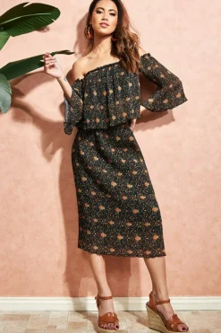 Skirts^City Goddess Printed Shirred Midi Skirt Black