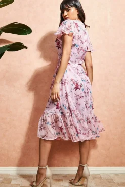 Midi Dresses^City Goddess Wrap Flutter Sleeve Floral Midi Dress Peach