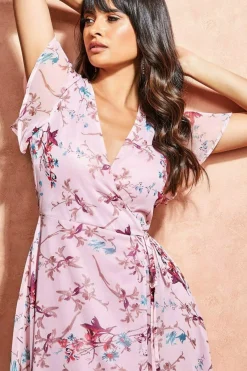 Midi Dresses^City Goddess Wrap Flutter Sleeve Floral Midi Dress Peach