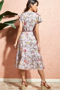 Midi Dresses^City Goddess Wrap Flutter Sleeve Floral Midi Dress Beige