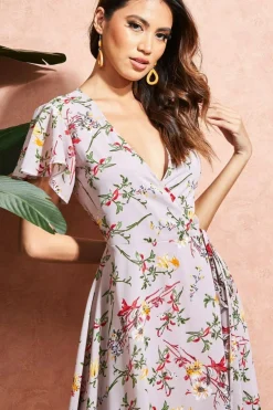 Midi Dresses^City Goddess Wrap Flutter Sleeve Floral Midi Dress Beige