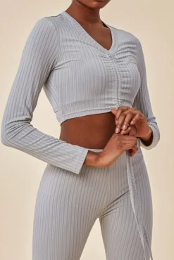 Loungewear & Sleepwear^Cosmochic Ribbed Drawstring Crop Top With Leggings Set Grey