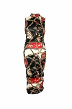 Midi Dresses^De La Creme Fashions Chain Scarf Print Ruched Dress Black