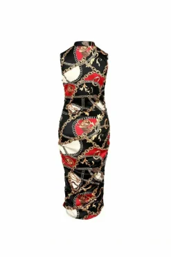 Midi Dresses^De La Creme Fashions Chain Scarf Print Ruched Dress Black