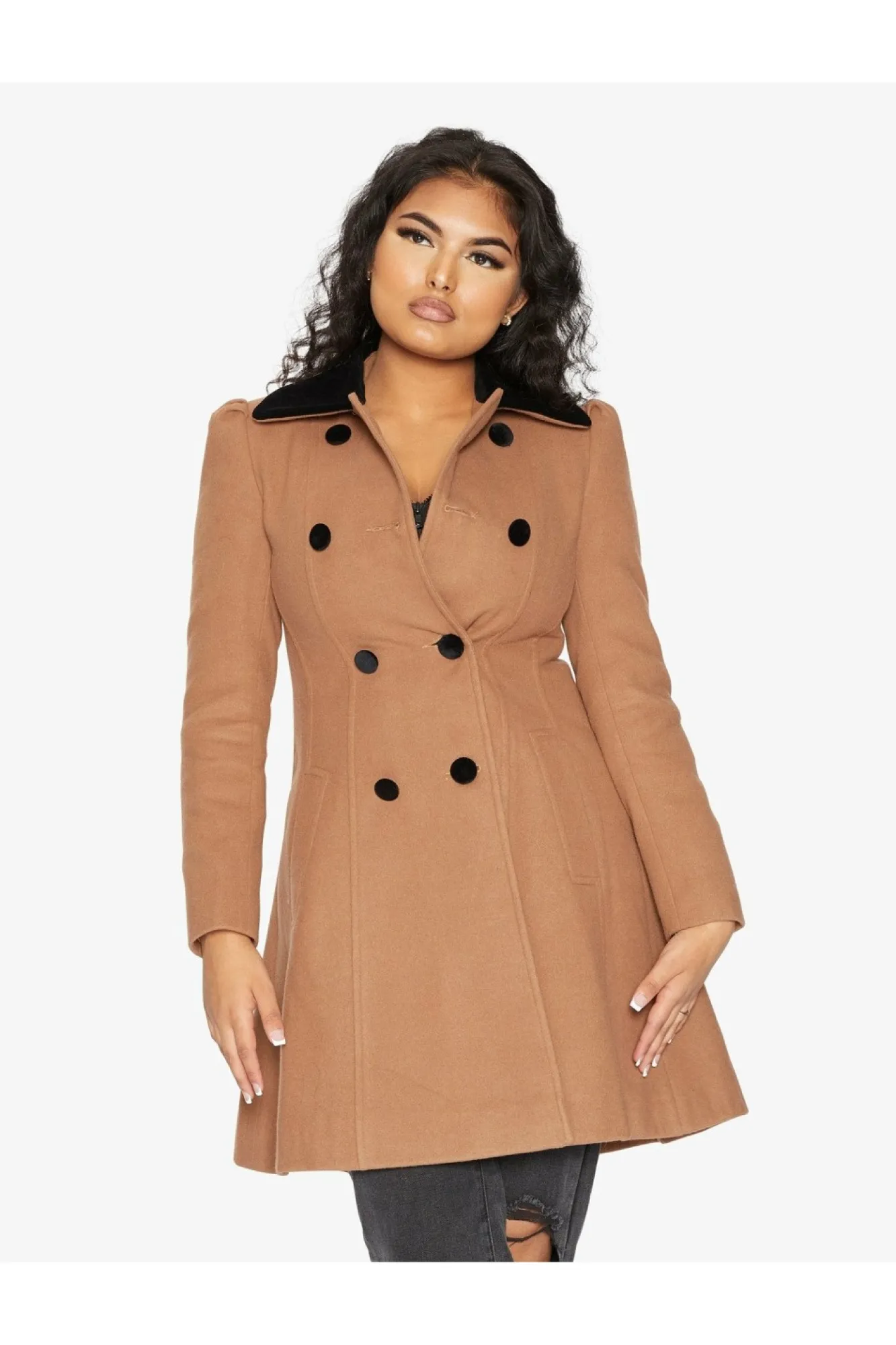 Outerwear^De La Creme Fashions Double Breast Velvet Trim Skater Coat