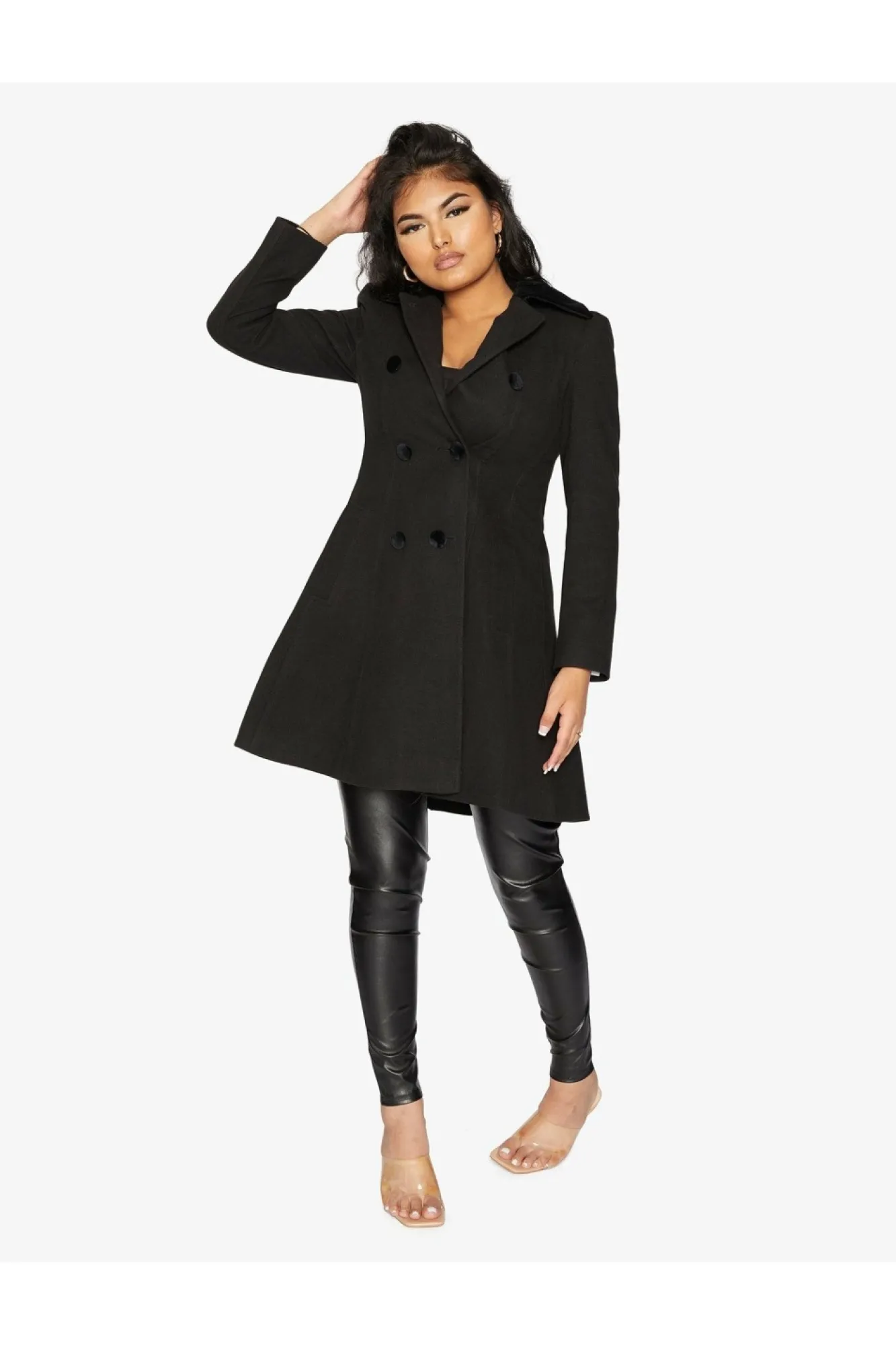 Outerwear^De La Creme Fashions Double Breast Velvet Trim Skater Coat