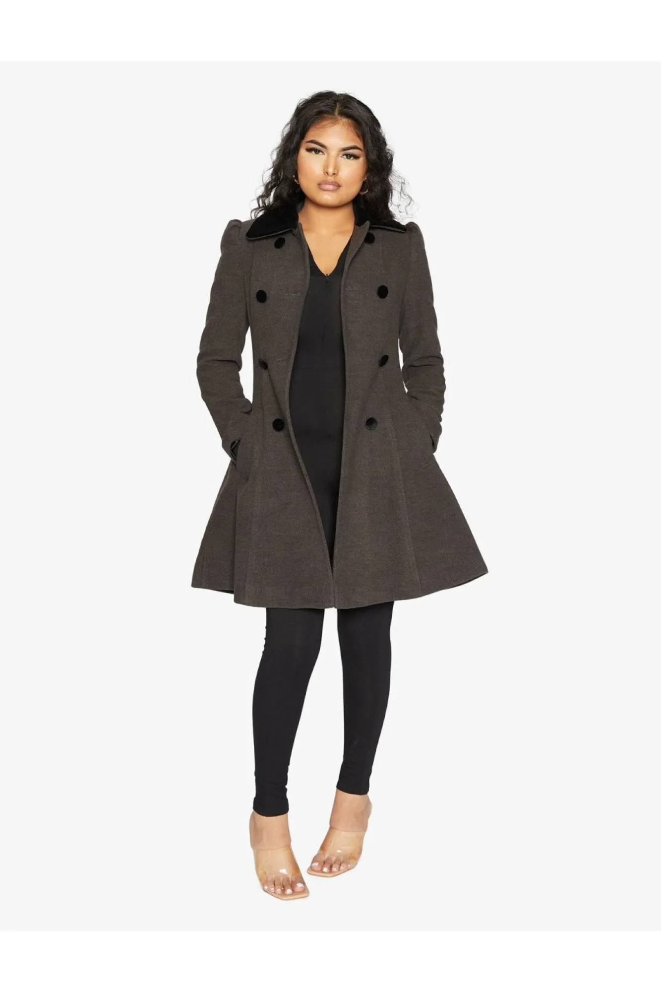 Outerwear^De La Creme Fashions Double Breast Velvet Trim Skater Coat