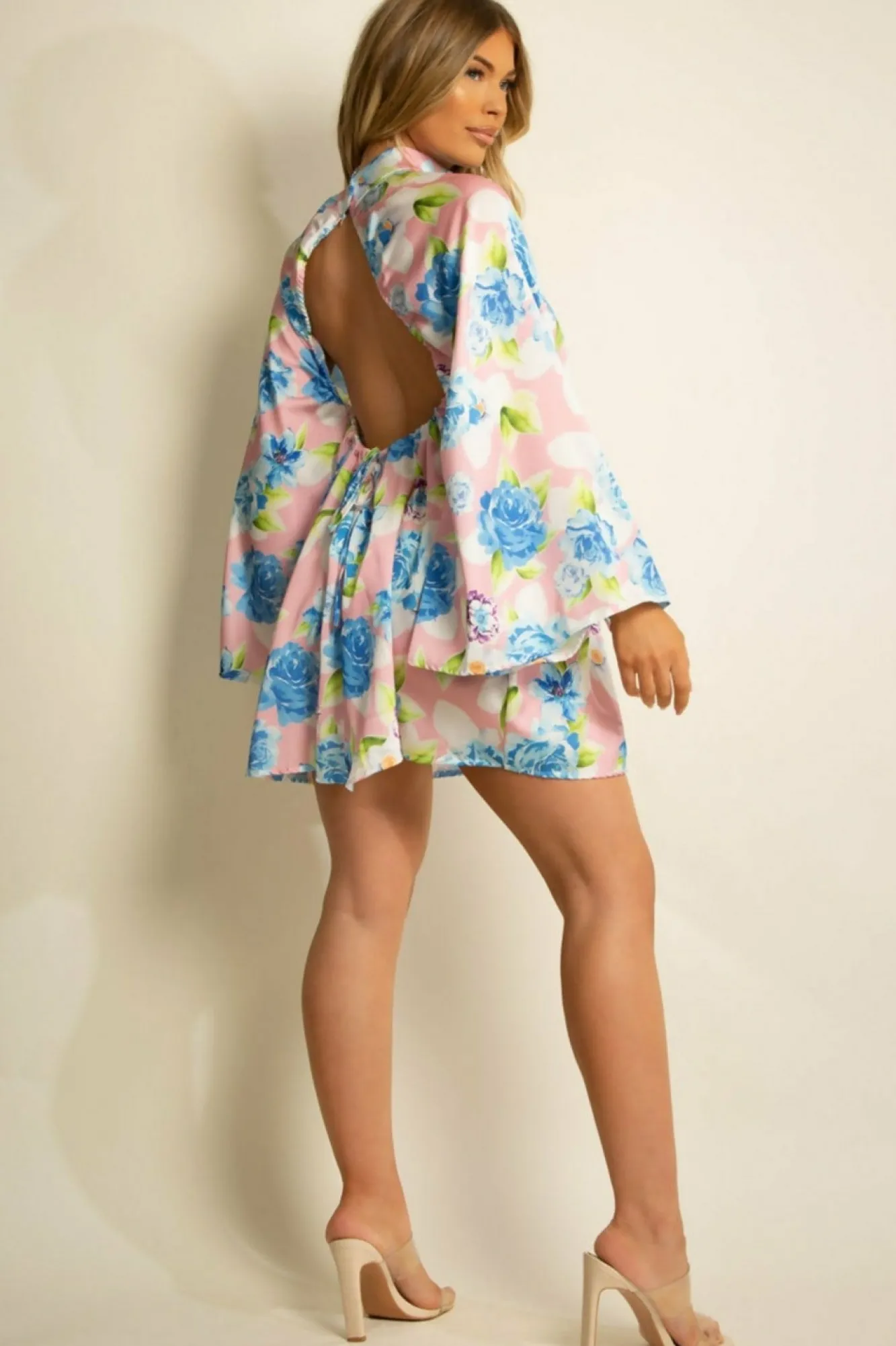 Mini Dresses^De La Creme Fashions Floral Satin Open Back Skater Dress Pink