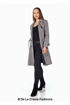 Outerwear^De La Creme Fashions Herringbone Tweed Blend Trench Coat Grey