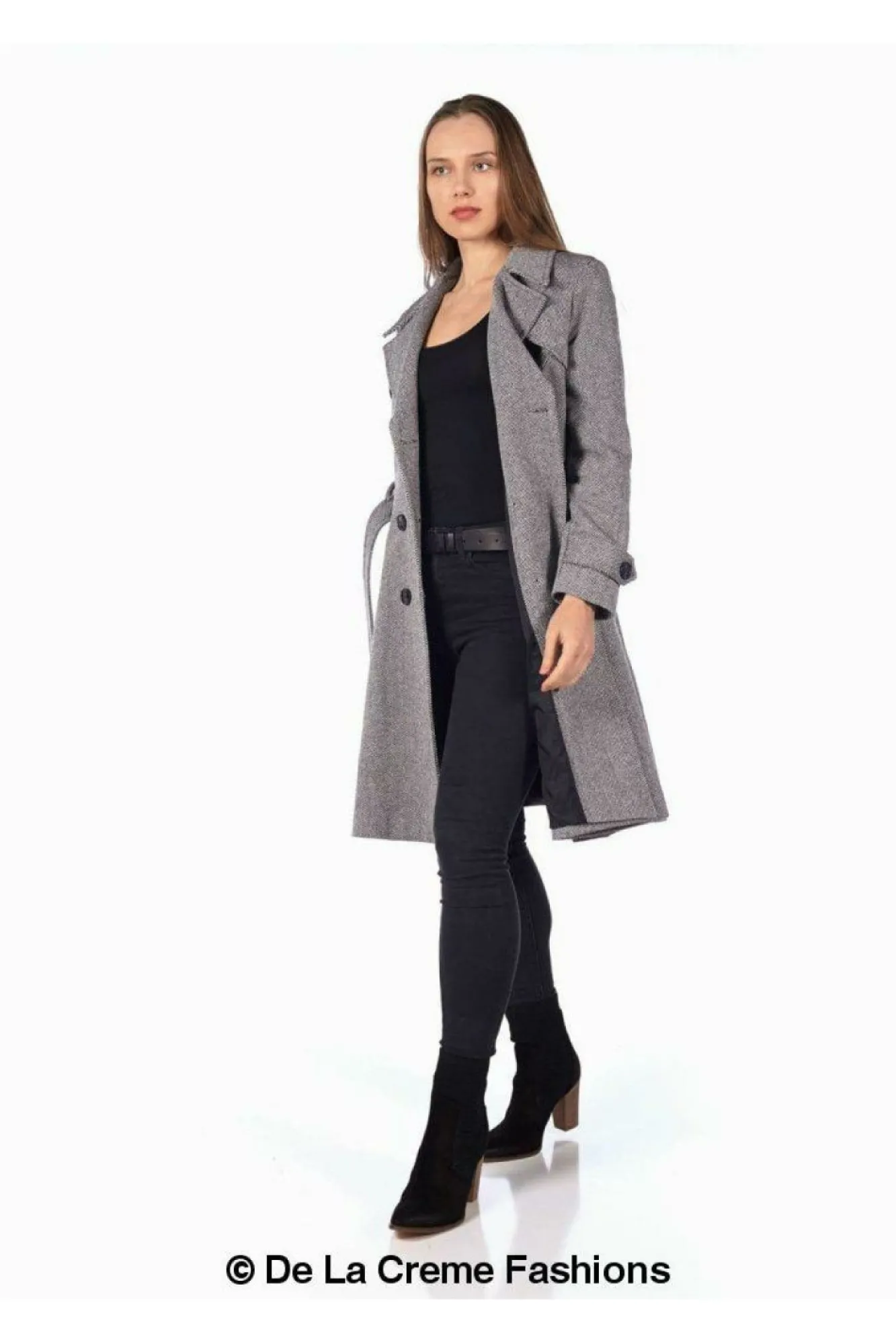 Outerwear^De La Creme Fashions Herringbone Tweed Blend Trench Coat Grey