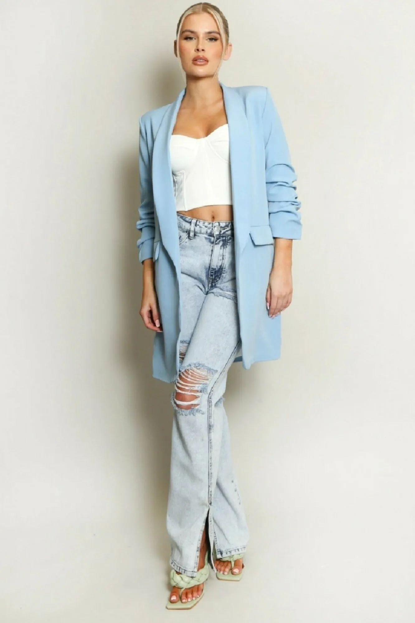 Outerwear^De La Creme Fashions Long Ruched Sleeve Open Blazer