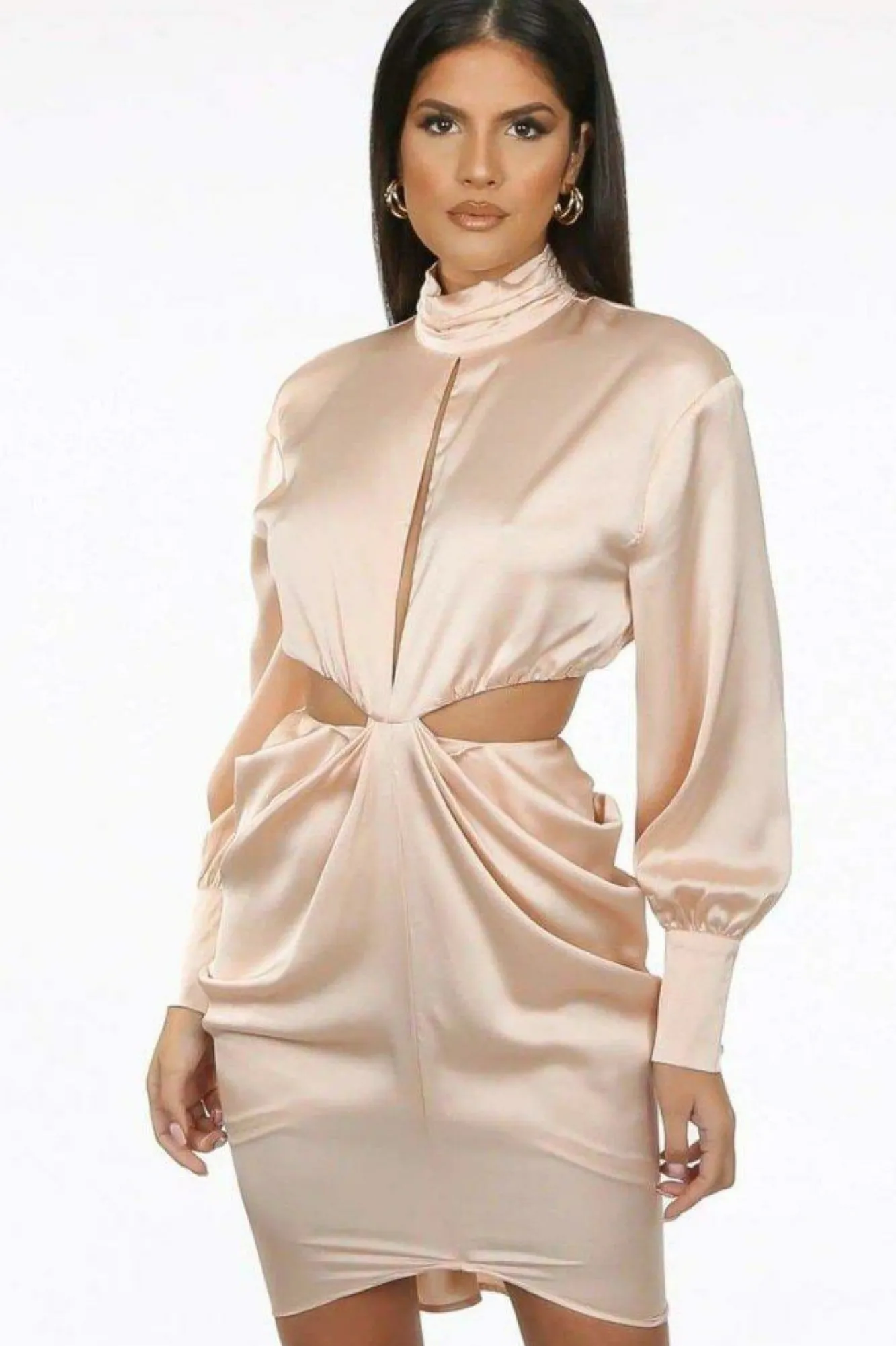 Mini Dresses^De La Creme Fashions Pleated High Neck Cut Out Mini Dress