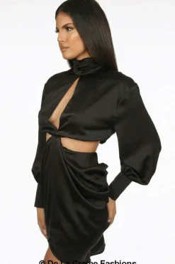 Mini Dresses^De La Creme Fashions Pleated High Neck Cut Out Mini Dress