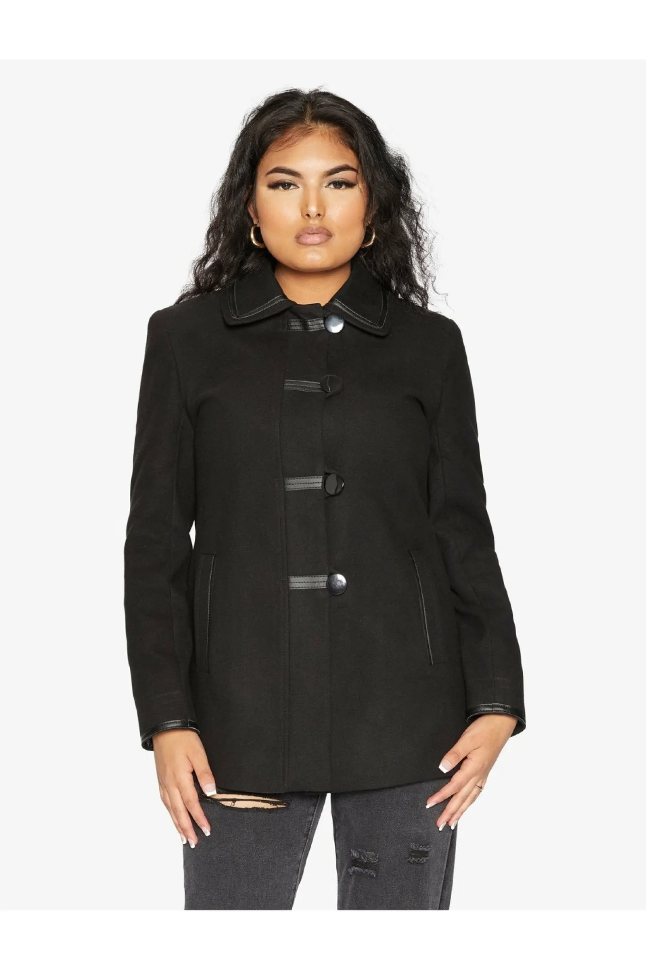 Outerwear^De La Creme Fashions Wool Blend Contrast Trim Coat