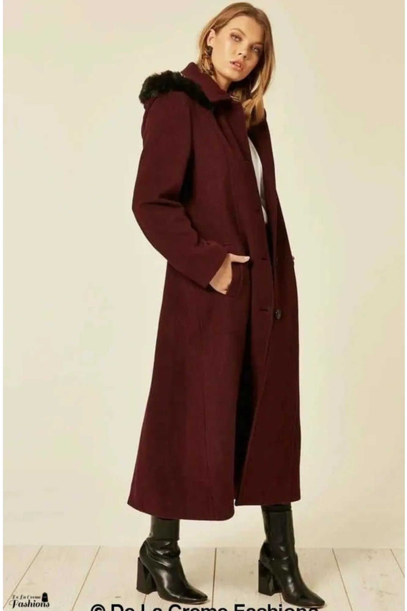 Outerwear^De La Creme Fashions Wool Blend Faux Fur Trim Hood Long Coat
