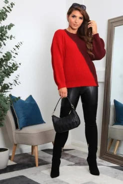 Knitwear^Double Second And Burgundy Diagonal Contrast Colour Block Oversized Knit Jumper Red