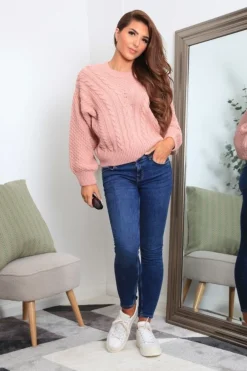 Knitwear^Double Second And Oatmeal Colour Block Cable Knit Jumper Pink