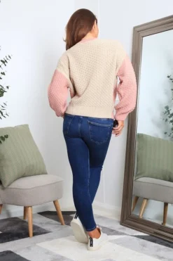 Knitwear^Double Second And Oatmeal Colour Block Cable Knit Jumper Pink