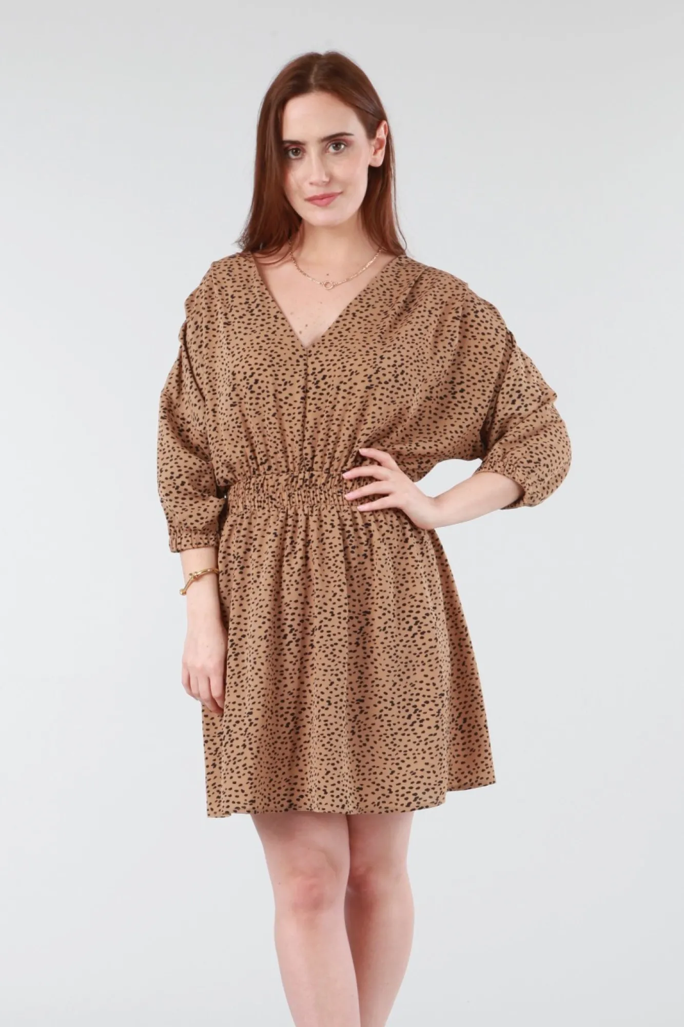 Mini Dresses^Double Second Animal Print Relaxed Shoulder Dress Camel