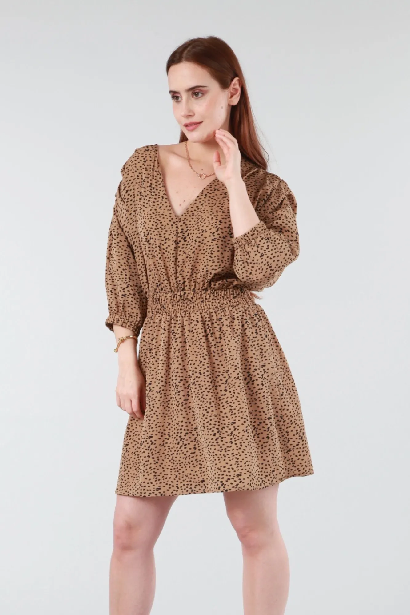 Mini Dresses^Double Second Animal Print Relaxed Shoulder Dress Camel
