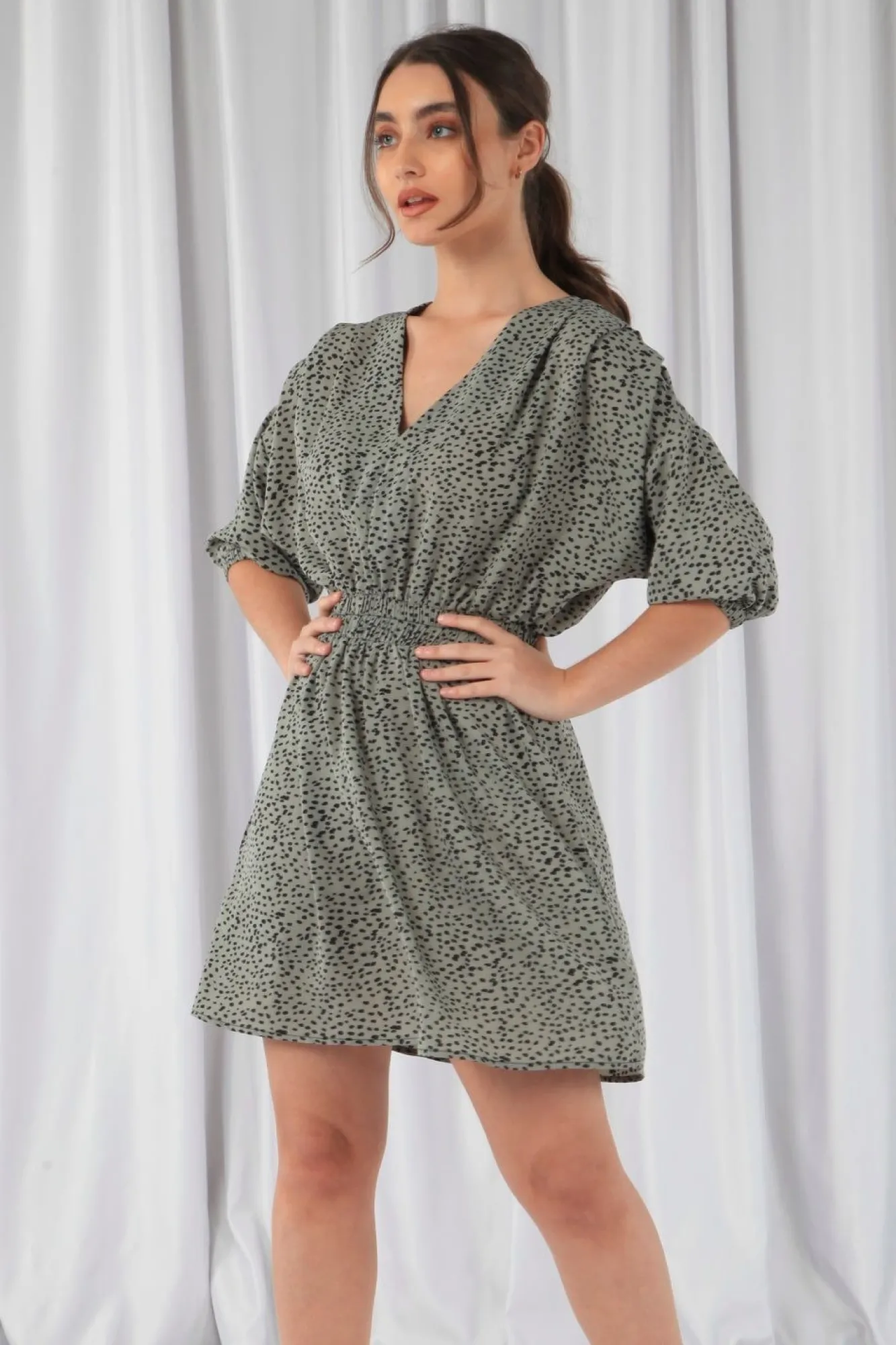 Mini Dresses^Double Second Animal Print Relaxed Shoulder Dress Sage