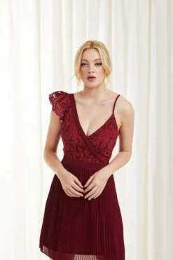 Mini Dresses^Double Second Asymmetric Pleated Lace Dress Red