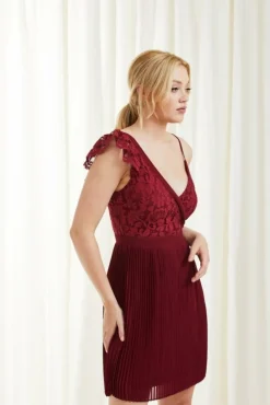 Mini Dresses^Double Second Asymmetric Pleated Lace Dress Red