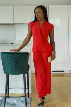 Jumpsuits^Double Second Belted Wrap Jumpsuit Red