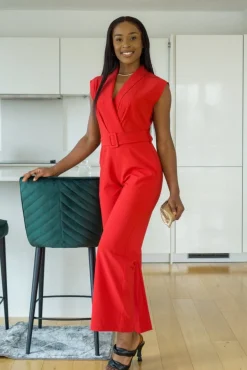 Jumpsuits^Double Second Belted Wrap Jumpsuit Red