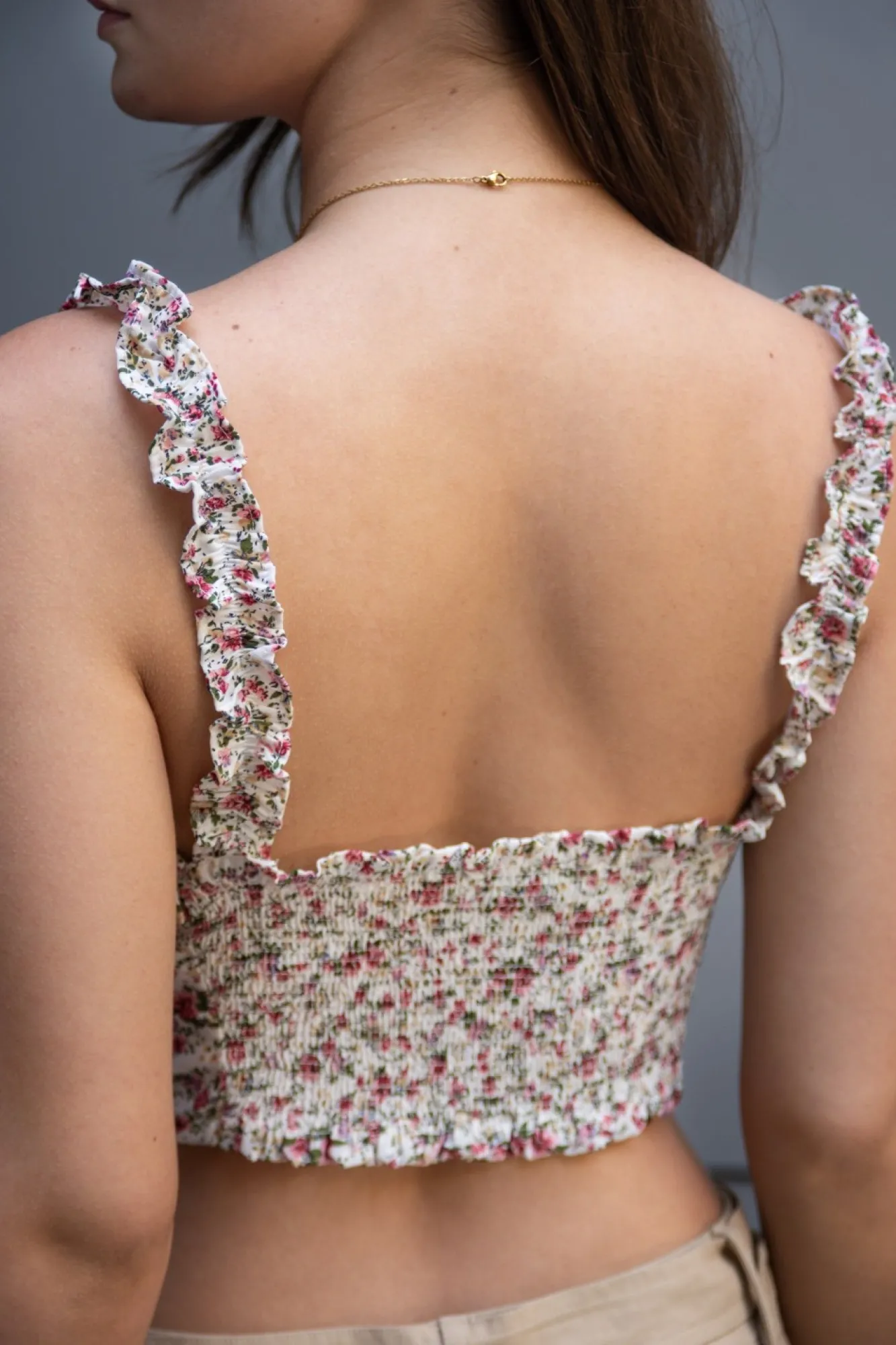 Crop Tops^Double Second Floral Print Crop Top With Frill Straps White