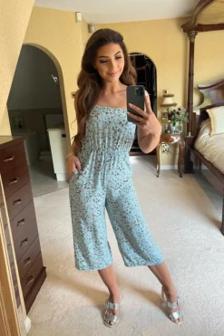 Jumpsuits^Double Second Floral Print Wide Leg Jumpsuit Blue