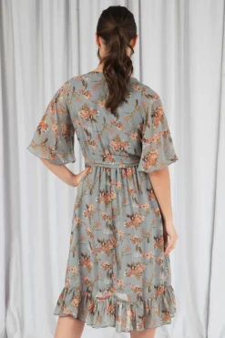 Mini Dresses^Double Second Floral Print Ruffle Midi Wrap Dress Blue