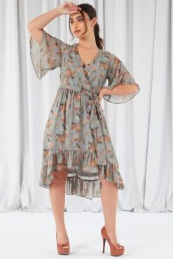 Mini Dresses^Double Second Floral Print Ruffle Midi Wrap Dress Blue