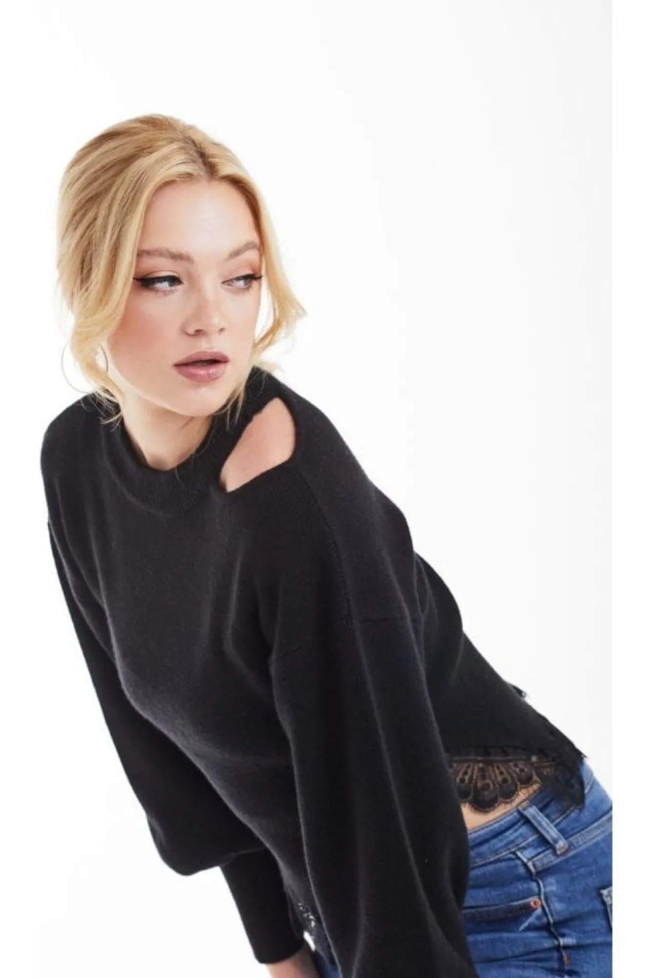 Jumpers^Double Second Knit Jumper With Lace Trim Black