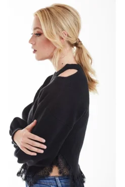 Jumpers^Double Second Knit Jumper With Lace Trim Black