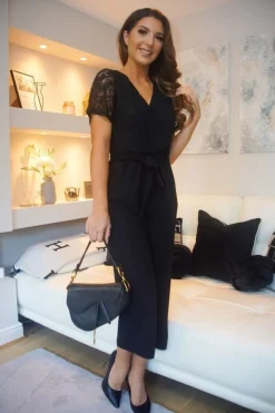 Jumpsuits^Double Second Lace Wrap Wide Leg Jumpsuit Black
