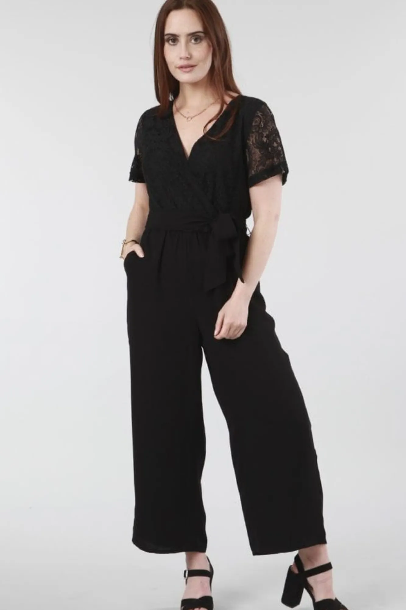Jumpsuits^Double Second Lace Wrap Wide Leg Jumpsuit Black