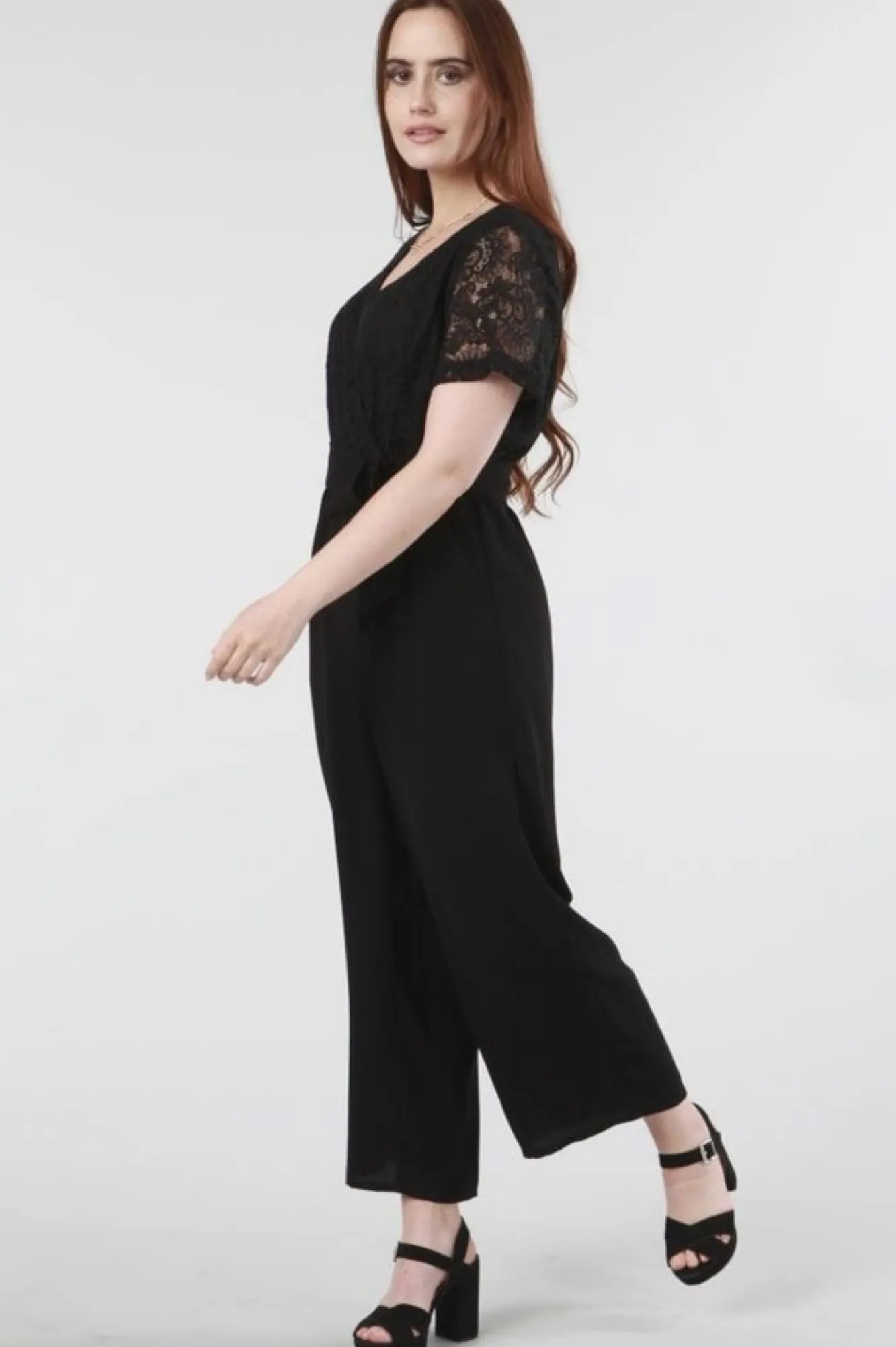 Jumpsuits^Double Second Lace Wrap Wide Leg Jumpsuit Black