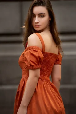 Mini Dresses^Double Second Orange Bardot Ruched Dress Burnt Orange