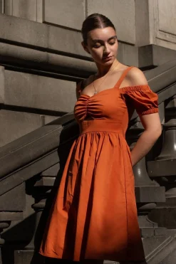 Mini Dresses^Double Second Orange Bardot Ruched Dress Burnt Orange